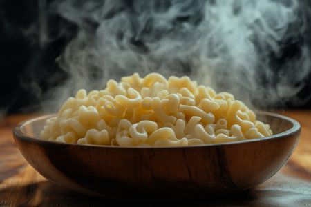 Deliciously cooked pasta fills a wooden bowl, steam rising into the air in a cozy kitchen. The warm ambiance evokes a sense of comfort and homeliness.の素材