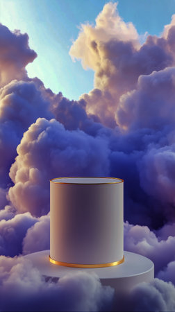 A pedestal stands amidst fluffy, vibrant clouds during sunset. The clouds are painted in shades of blue and gold, creating a dreamlike atmosphere.の素材