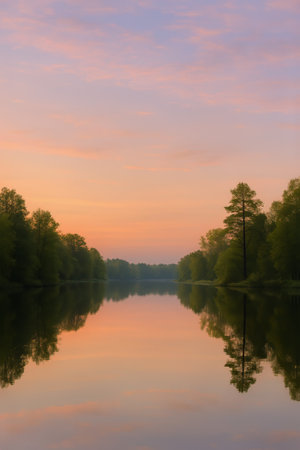 A serene lake at sunset shows vibrant colors reflected in the water, surrounded by lush trees. The peaceful atmosphere enhances the natural beauty of the scene.の素材