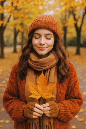 Young woman in a cozy sweater and scarf stands in a park during autumn, holding a bright golden leaf while surrounded by falling leaves and trees in full color.の素材