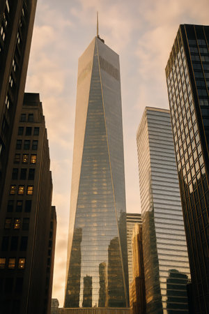 Tall buildings tower above the street, reflecting golden light in the late afternoon. The architecture showcases modern design amidst a dynamic cityscape.の素材