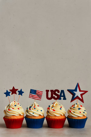 Cupcakes with creamy frosting and patriotic decorations sit on a table, ready for a festive gathering or celebration. Bright colors reflect the spirit of a national holiday.の素材