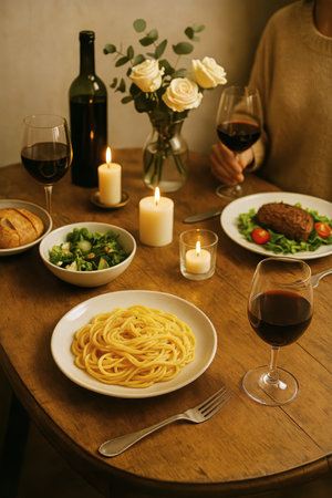 A cozy wooden table is set for a romantic dinner, featuring pasta, salad, and a glass of red wine. Candles and flowers add warmth to the intimate atmosphere.の素材
