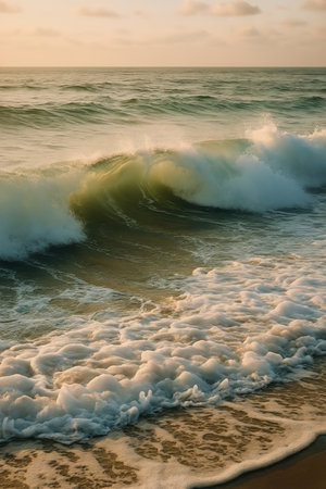Ocean waves roll onto the sandy beach during sunset, casting a soft glow on the water and creating a peaceful ambiance. The colors blend beautifully as day transitions to night.の素材