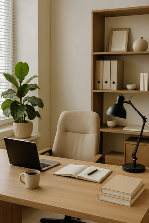 A laptop sits on a wooden desk near a window, with a notebook, pen, and coffee cup nearby. A potted plant adds a touch of greenery in a well-lit office environment.の素材