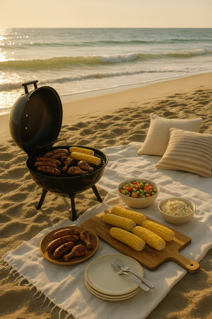 A barbecue setup features grilled sausages and corn on the beach as the sun sets over the ocean. A colorful salad and side dishes accompany the meal on a sandy shore.の素材