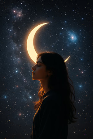 A woman stands in profile, captivated by a glowing crescent moon against a backdrop of sparkling stars. Her expression conveys tranquility in the night.の素材