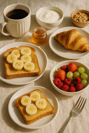 A delightful breakfast spread featuring a flaky croissant, fluffy scrambled eggs, fresh strawberries, and a cup of coffee, served in a bright and inviting atmosphere.の素材
