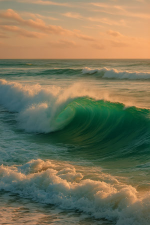 Ocean waves roll onto the sandy beach during sunset, casting a soft glow on the water and creating a peaceful ambiance. The colors blend beautifully as day transitions to night.の素材