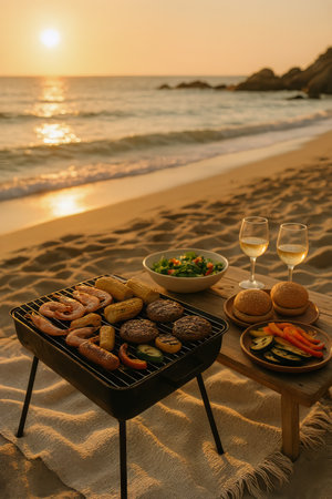 A barbecue setup features grilled sausages and corn on the beach as the sun sets over the ocean. A colorful salad and side dishes accompany the meal on a sandy shore.の素材