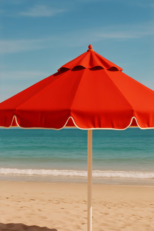 Bright red beach umbrella provides shade on warm sandy shore calm waves gently lap at the beach under a clear blue sky, creating a relaxing atmosphere for visitors.の素材