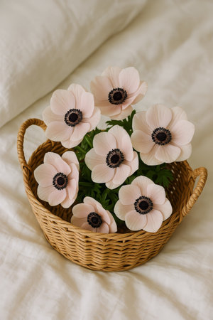 Pink anemone flowers are beautifully arranged in a woven basket, placed on a soft, light-colored bedspread, adding a touch of elegance to the room.の素材