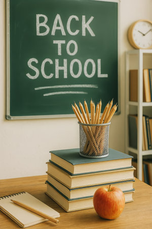 Colorful school supplies are neatly arranged on a wooden table. A green backpack holds notebooks while stacks of blank books sit next to glasses, enhancing a study environment.の素材