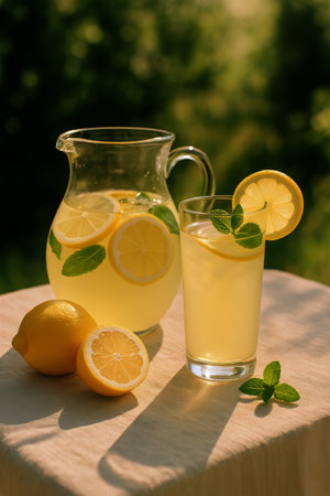 A glass of lemonade garnished with lemon slices and mint sits beside a pitcher filled with the same drink. Bright sunlight creates a cheerful atmosphere in the garden.の素材