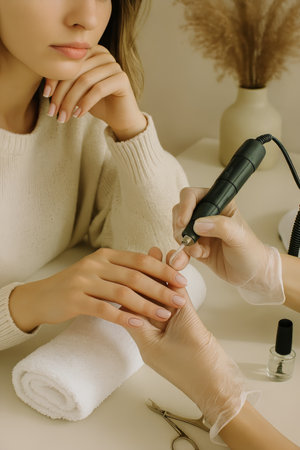 A client receives a manicure at a tidy salon, focusing on nail shaping and care. Soft lighting creates a calming atmosphere while elegant decor adds sophistication.の素材