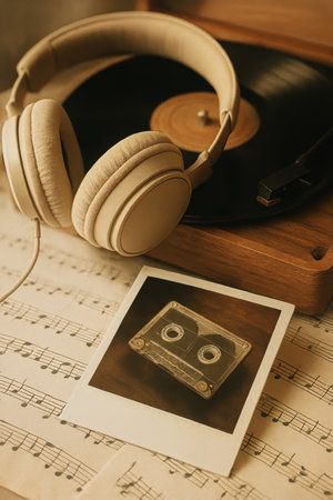A warm-toned music corner features a record player, vinyl records, an acoustic guitar, and hanging vintage photos.の素材