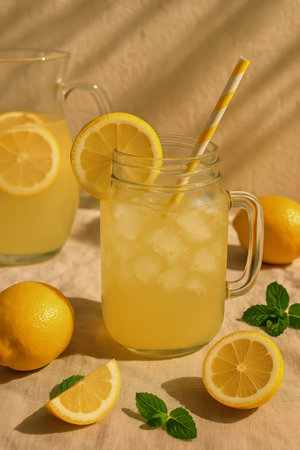A glass of lemonade garnished with lemon slices and mint sits beside a pitcher filled with the same drink. Bright sunlight creates a cheerful atmosphere in the garden.の素材