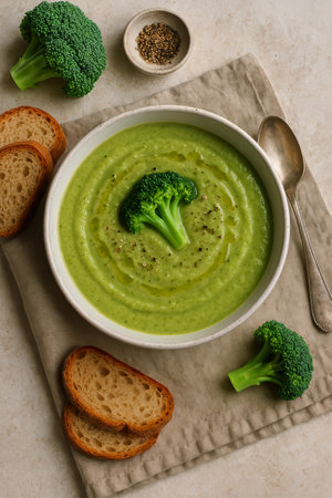 Broccoli soup is presented in a bowl, garnished with fresh florets. Slices of bread accompany the dish, creating a cozy meal on a neutral-colored table.の素材