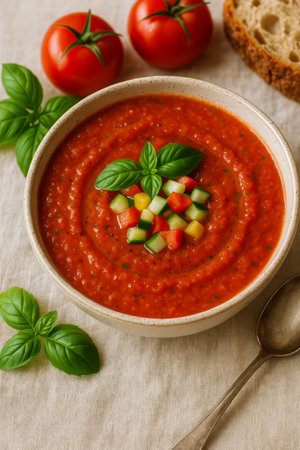 A bowl of vibrant gazpacho sits on a neutral marble surface, topped with diced vegetables and basil.の素材