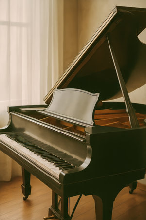 A grand piano rests elegantly in a softly lit room, positioned near a window. Natural light fills the space, creating a warm and inviting atmosphere perfect for music.の素材
