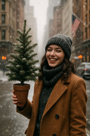A young woman wearing glasses stands in a high-tech environment with glowing screens in the background. She gazes thoughtfully, surrounded by digital data.の素材