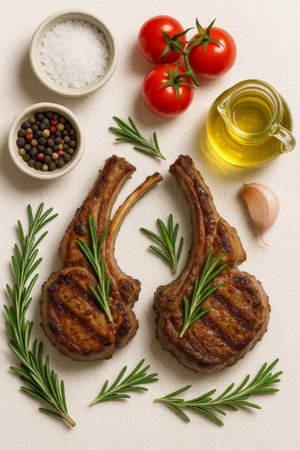 Juicy grilled lamb chops are arranged with rosemary, fresh tomatoes, garlic, olive oil, and seasonings. This setup highlights a delicious meal preparation on a neutral background.の素材