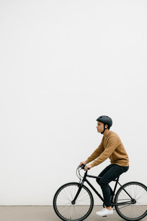 A young man is cycling on a black bicycle along a smooth surface, with a minimalistic white wall creating a clean backdrop.の素材