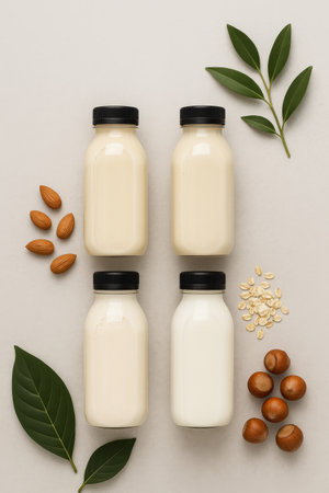 Four bottles of assorted plant-based milk are neatly arranged alongside almonds, cashews, and fresh green leaves on a soft, neutral background, highlighting healthy options.の素材