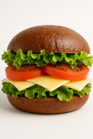 A brown bread burger features layers of crisp lettuce, juicy tomatoes, and melted cheese, creating a vibrant and appetizing look. The focus highlights its fresh ingredients and textures.の素材