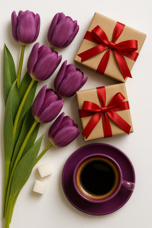 A cozy arrangement features a cup of coffee, purple tulips, and wrapped gifts with red ribbons. Perfect for a special occasion or gathering with loved ones.の素材