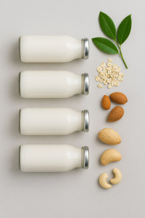 Four glass bottles filled with creamy plant-based milk are arranged strategically with a selection of nuts and oats nearby, showing a healthy lifestyle choice.の素材