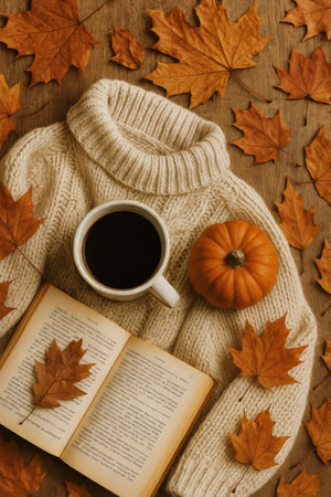 A serene autumn arrangement on a wooden surface includes a knit sweater, steaming coffee in a cup, a small pumpkin, and vibrant maple leaves, creating a warm seasonal vibe.の素材