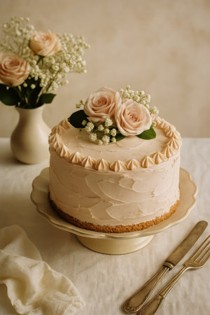 A delicate cake adorned with pink rose decorations sits on a white pedestal in a cozy setting. A small vase with white flowers adds charm to the rustic table.の素材