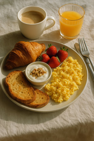 A delightful breakfast spread featuring a flaky croissant, fluffy scrambled eggs, fresh strawberries, and a cup of coffee, served in a bright and inviting atmosphere.の素材