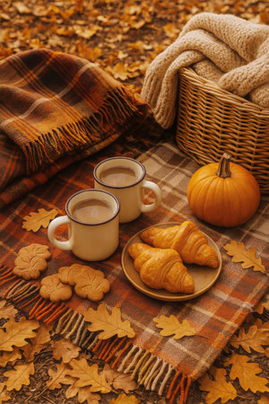 A delightful picnic setup two features warm beverages, fresh croissants, and cookies arranged on a blanket surrounded by vibrant autumn leaves and a small pumpkin.の素材