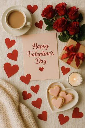 A beautifully arranged setup showcases a white cup of coffee with a heart design, surrounded by red roses and heart-shaped decorations. A gift box adds to the festive mood.の素材