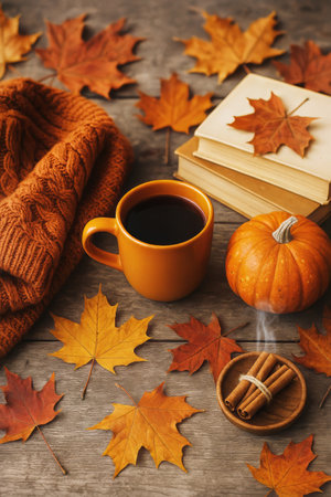 A cozy setting features a cup of coffee, croissant, and pumpkins surrounded by autumn leaves, nuts, and a book, evoking a warm, inviting atmosphere in the fall.の素材