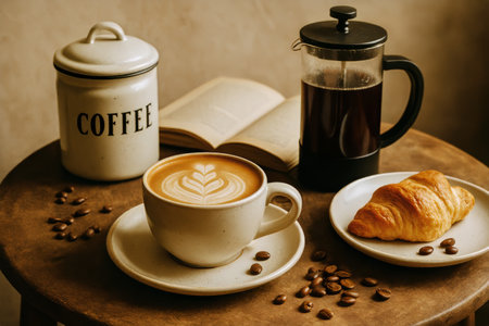 A cozy breakfast setup features a cup of coffee with latte art, a golden croissant, and a French press alongside an open book, creating a warm and inviting atmosphere.の素材