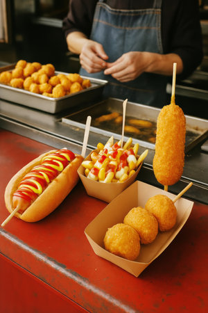 A busy food stall showcases various delicious snacks. Hot dogs, corn dogs, and golden fried treats are displayed, enticing customers at a lively outdoor fair.の素材