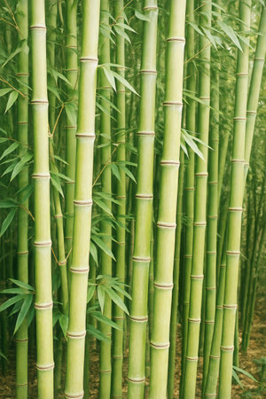 Tall green bamboo stalks rise toward the sky, forming a tranquil grove that invites quiet reflection and connection with nature. Sunlight filters through the leaves above.の素材