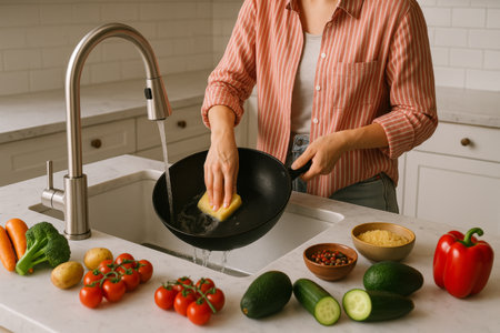 A person cleans a frying pan at a kitchen sink surrounded by vibrant vegetables and grains, showcasing a lively cooking environment with natural light.の素材