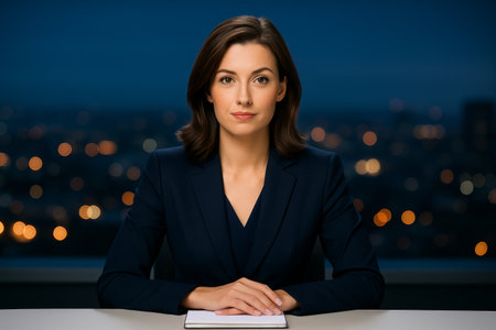 A focused woman sits at a desk in a high-rise building, preparing for a news broadcast. Soft city lights twinkle in the background, indicating evening time.の素材