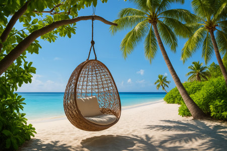 A beautifully woven hammock hangs from a tree, inviting relaxation on a sandy beach. Palm trees sway gently as clear blue water sparkles under the sun, creating a serene atmosphere.の素材