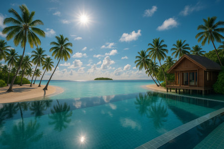 Lush palm trees surround a tranquil infinity pool at a tropical island resort on a sunny day, with clear blue water stretching toward distant land and cloud-dotted sky.の素材