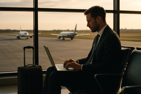A man in a suit sits at an airport terminal, typing on a laptop with a suitcase beside him. Sunset light creates a warm atmosphere as planes await on the tarmac.の素材