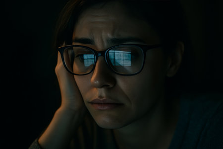A woman with glasses sits in a dimly lit room, deep in thought. Her expression reveals introspection as reflections of light play off her glasses, adding to the atmosphere.の素材