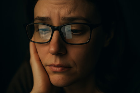 A woman with glasses sits in a dimly lit room, deep in thought. Her expression reveals introspection as reflections of light play off her glasses, adding to the atmosphere.の素材