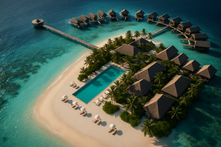 Overlooking a stunning turquoise lagoon, a luxurious beachfront resort features overwater bungalows and a serene infinity pool surrounded by palm trees and white sand beaches.の素材