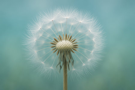 A dandelion puff is displayed with delicate white seeds ready to be carried by the wind against a soft blue background. This moment captures natures beauty and fragility.の素材
