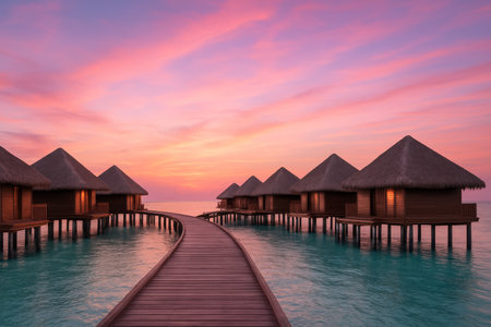 Luxurious water villas stand on stilts above turquoise water as a stunning sunset paints the sky with vibrant colors, creating a serene and picturesque environment.の素材